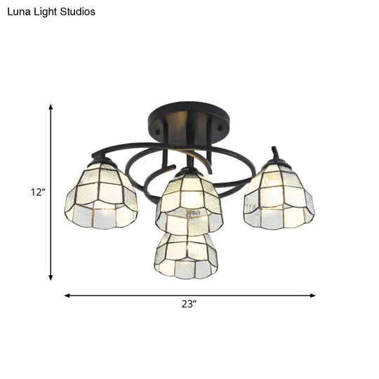 Mediterranean Black Bedroom Ceiling Lamp With Cone/Dome White/Beige/Blue Glass Shade - 4 Lights Semi