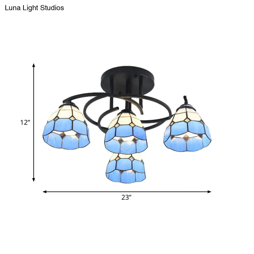 Mediterranean Black Bedroom Ceiling Lamp With Cone/Dome White/Beige/Blue Glass Shade - 4 Lights