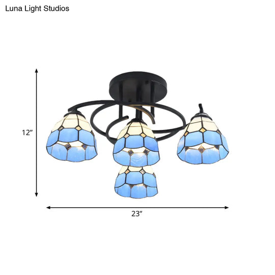 Mediterranean Black Bedroom Ceiling Lamp With Cone/Dome White/Beige/Blue Glass Shade - 4 Lights