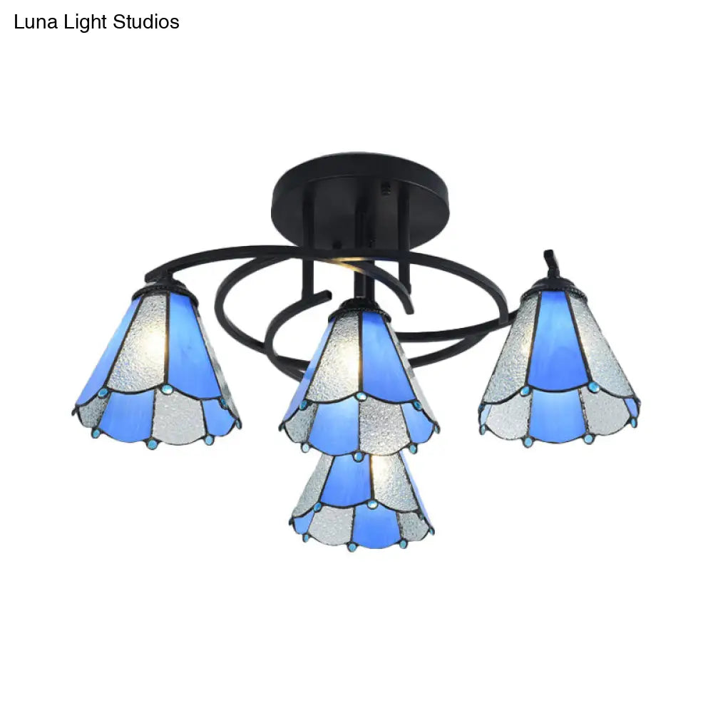 Mediterranean Black Bedroom Ceiling Lamp With Cone/Dome White/Beige/Blue Glass Shade - 4 Lights Semi