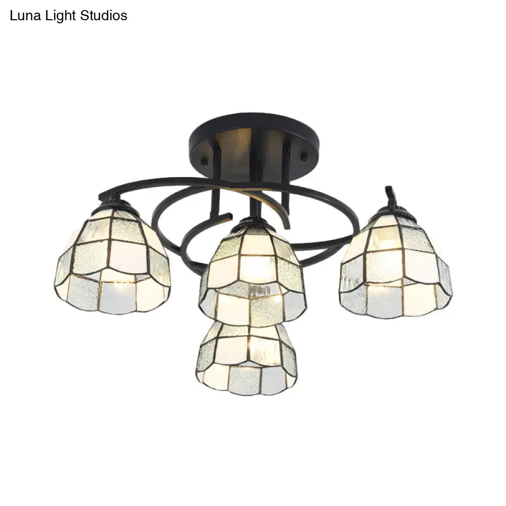 Mediterranean Black Bedroom Ceiling Lamp With Cone/Dome White/Beige/Blue Glass Shade - 4 Lights Semi