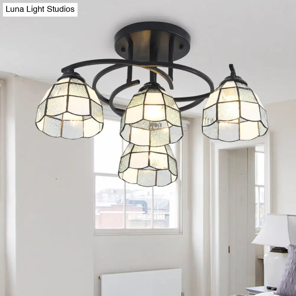 Mediterranean Black Bedroom Ceiling Lamp With Cone/Dome White/Beige/Blue Glass Shade - 4 Lights Semi