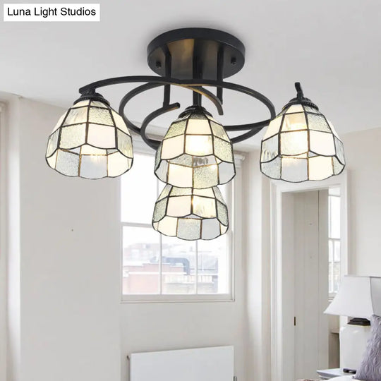 Mediterranean Black Bedroom Ceiling Lamp With Cone/Dome White/Beige/Blue Glass Shade - 4 Lights Semi