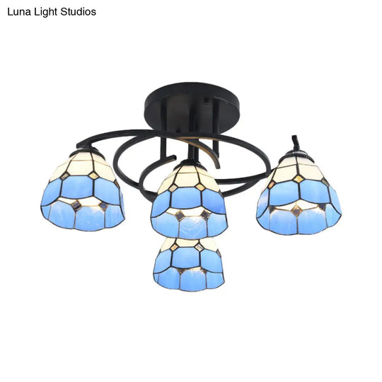 Mediterranean Black Bedroom Ceiling Lamp With Cone/Dome White/Beige/Blue Glass Shade - 4 Lights Semi