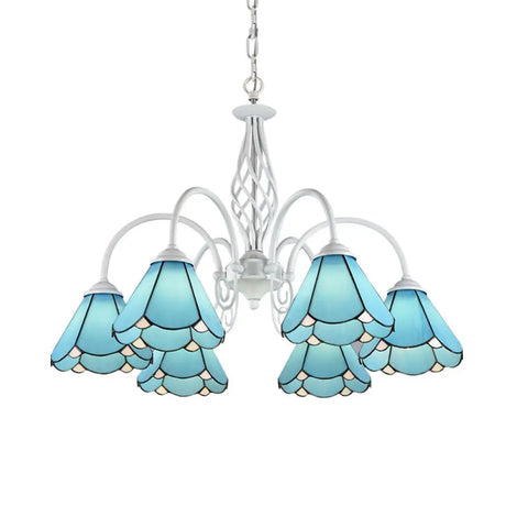 Mediterranean Blue Conical Glass Chandelier With White Arched Arm - Handcrafted Hanging Ceiling