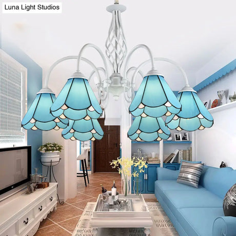 Mediterranean Blue Conical Glass Chandelier With White Arched Arm - Handcrafted Hanging Ceiling