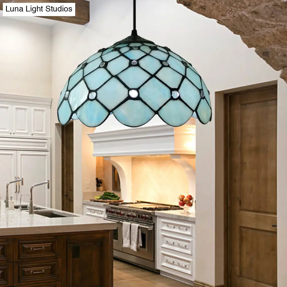 Mediterranean Blue Glass Jewel Hanging Light Fixture - 1-Light Pendant For Kitchen Island