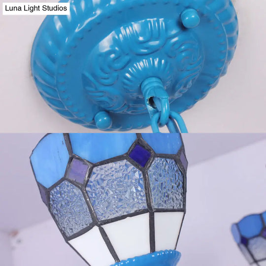 Mediterranean Blue Glass Pendant Lamp With 12’ Metal Chain - 3-Light Hanging Light Dome