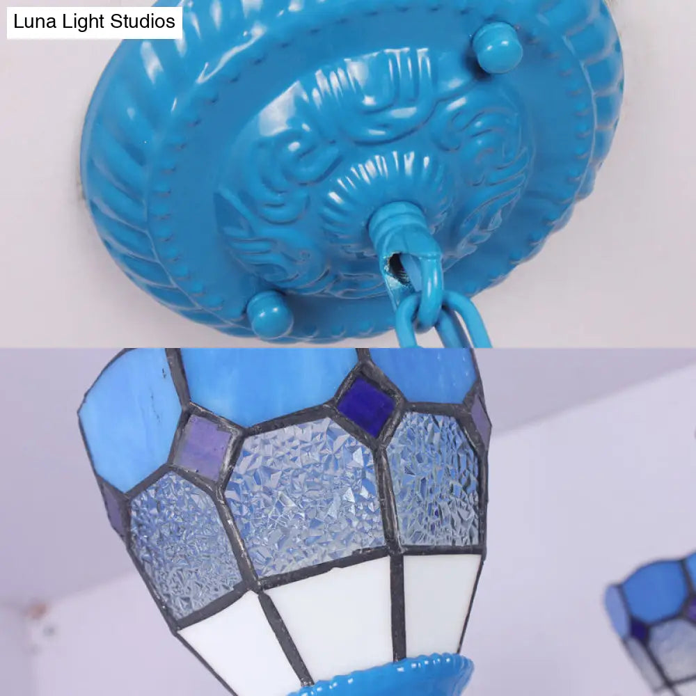 Mediterranean Dome Pendant Light With Blue Glass And Metal Chain - 3 Lights