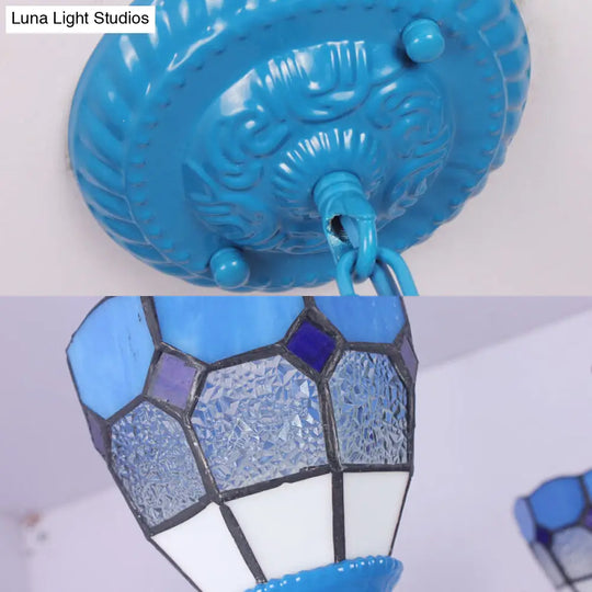 Mediterranean Dome Pendant Light With Blue Glass And Metal Chain - 3 Lights