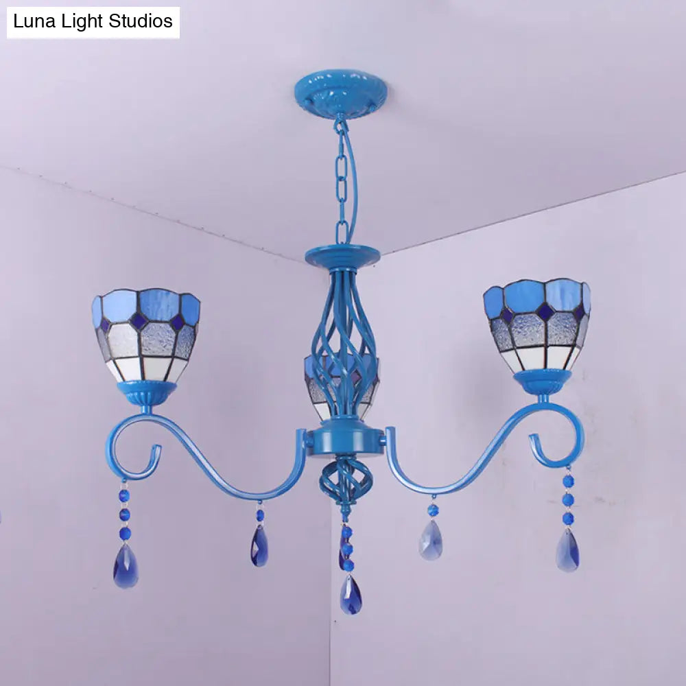 Mediterranean Blue Glass Pendant Lamp With 12’ Metal Chain - 3-Light Hanging Light Dome