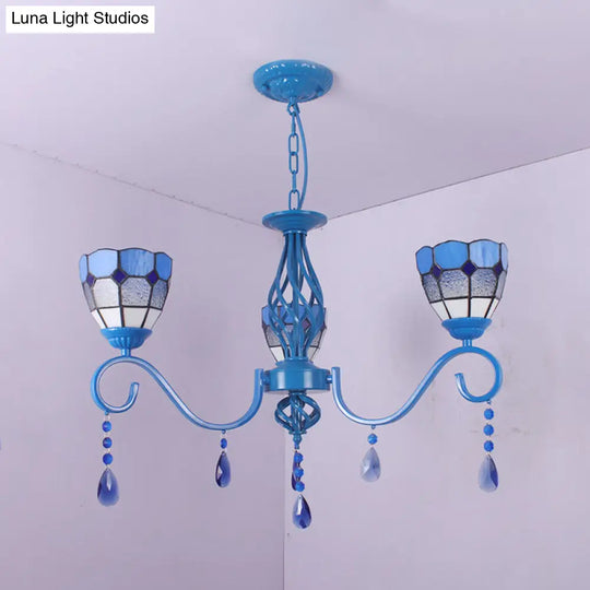 Mediterranean Blue Glass Pendant Lamp With 12’ Metal Chain - 3-Light Hanging Light Dome