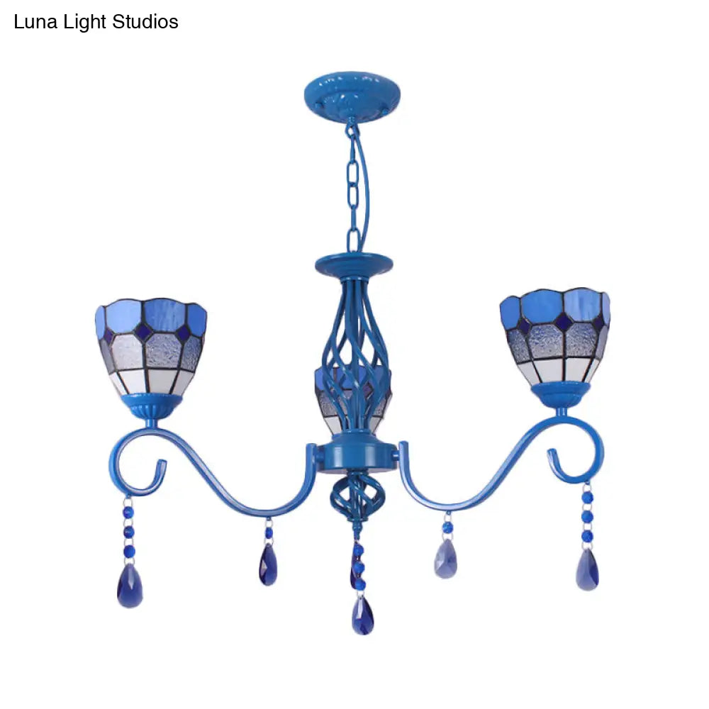 Mediterranean Blue Glass Pendant Lamp With 12’ Metal Chain - 3-Light Hanging Light Dome