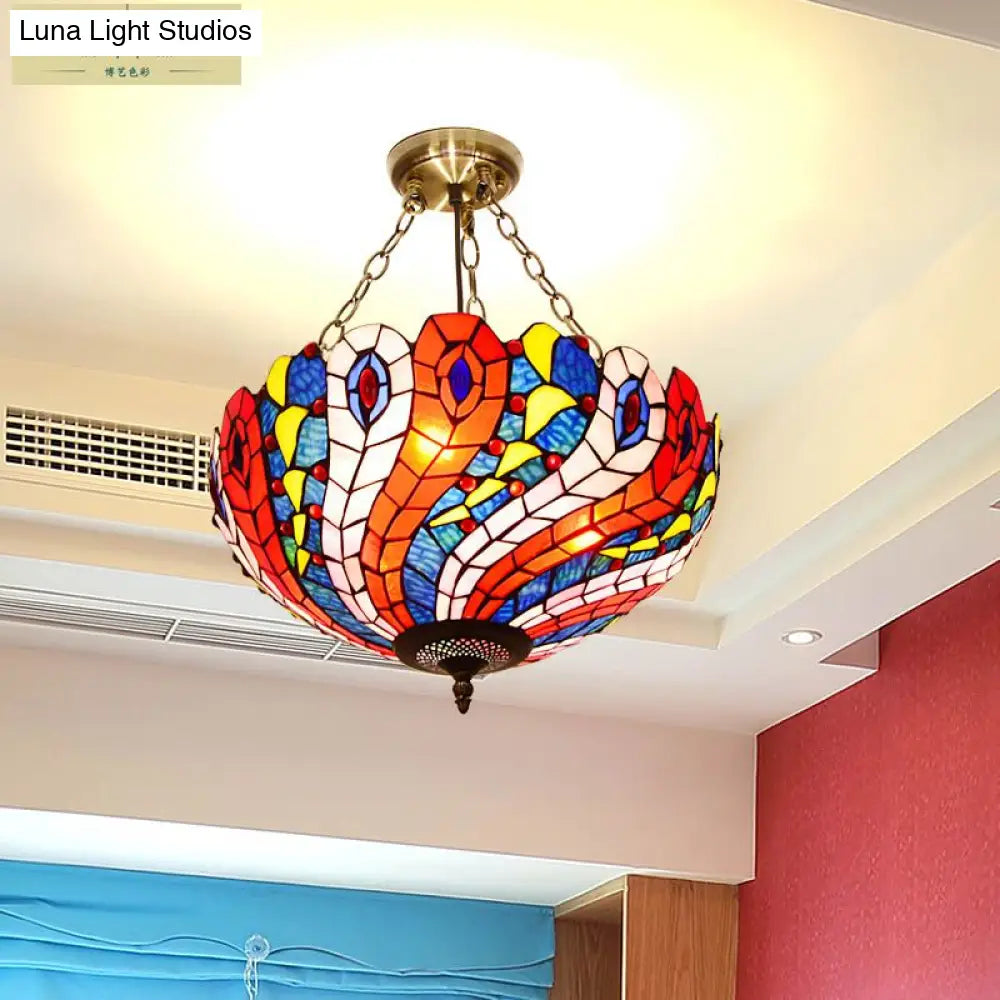 Mediterranean Brass Ceiling Lamp: Dome White/Red/Blue Stained Glass Semi Flush Mount 3 Lights -