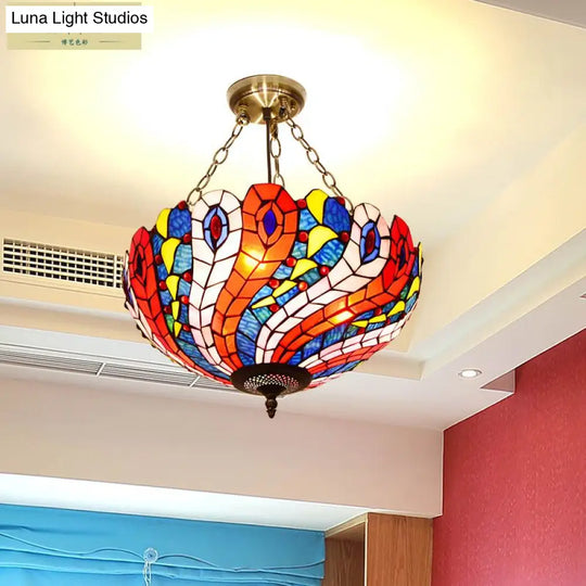 Mediterranean Brass Ceiling Lamp: Dome White/Red/Blue Stained Glass Semi Flush Mount 3 Lights -