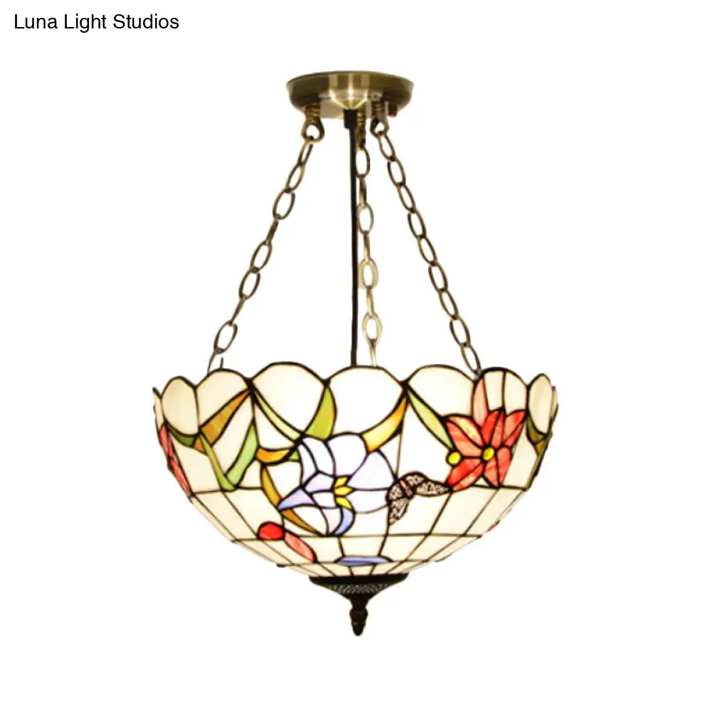 Mediterranean Brass Ceiling Lamp: Dome White/Red/Blue Stained Glass Semi Flush Mount 3 Lights -