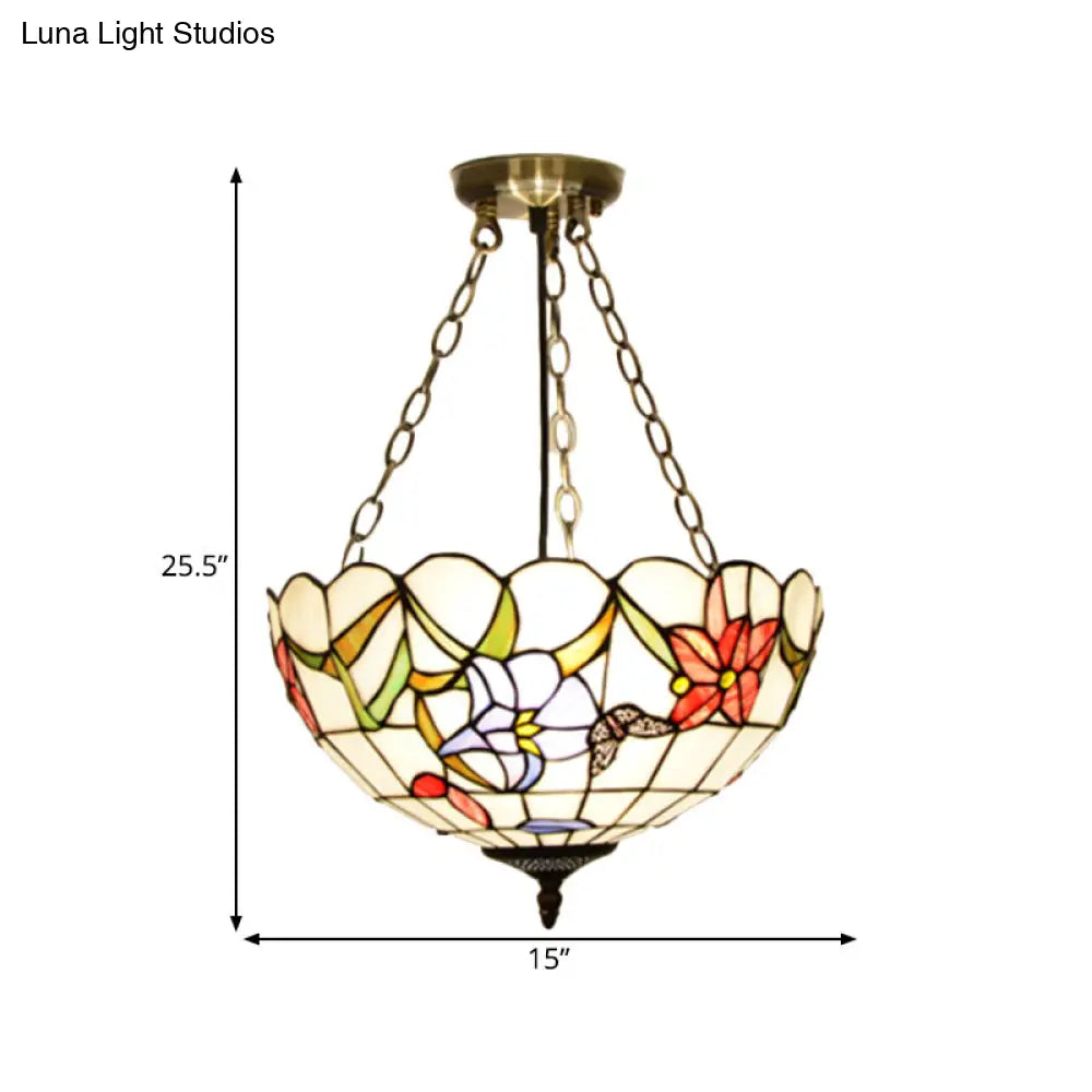 Mediterranean Brass Ceiling Lamp: Dome White/Red/Blue Stained Glass Semi Flush Mount 3 Lights -