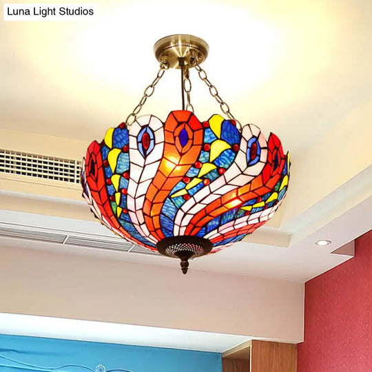 Mediterranean Brass Ceiling Lamp: Dome White/Red/Blue Stained Glass Semi Flush Mount 3 Lights -