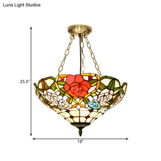 Mediterranean Brass Ceiling Lamp: Dome White/Red/Blue Stained Glass Semi Flush Mount 3 Lights -