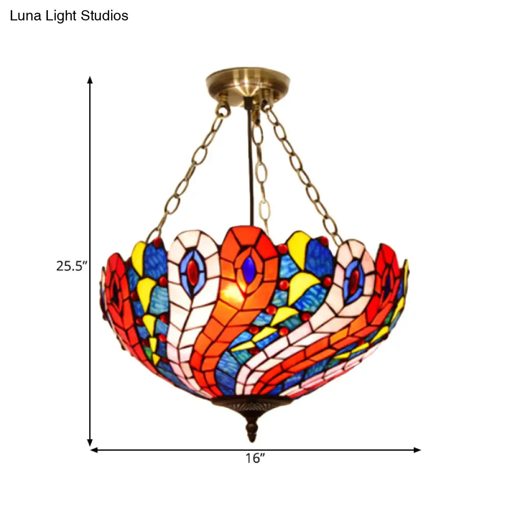 Mediterranean Brass Ceiling Lamp: Dome White/Red/Blue Stained Glass Semi Flush Mount 3 Lights -