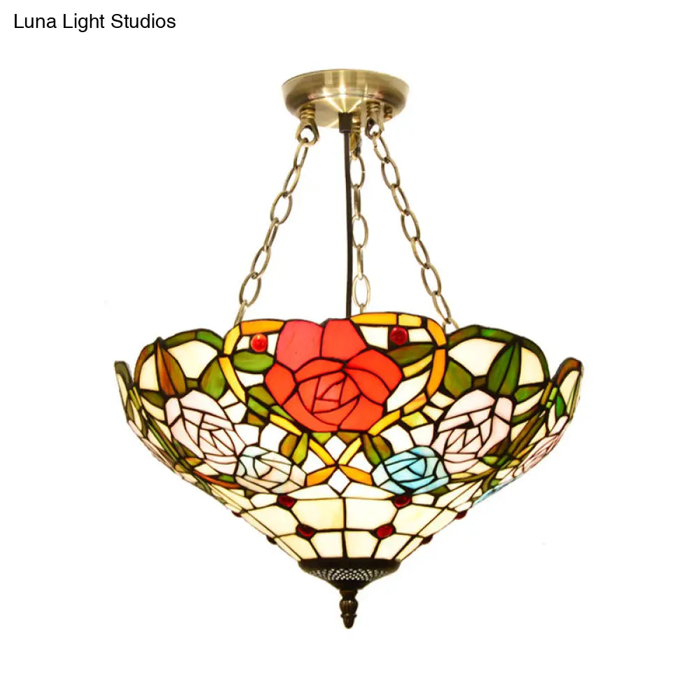 Mediterranean Brass Ceiling Lamp: Dome White/Red/Blue Stained Glass Semi Flush Mount 3 Lights -