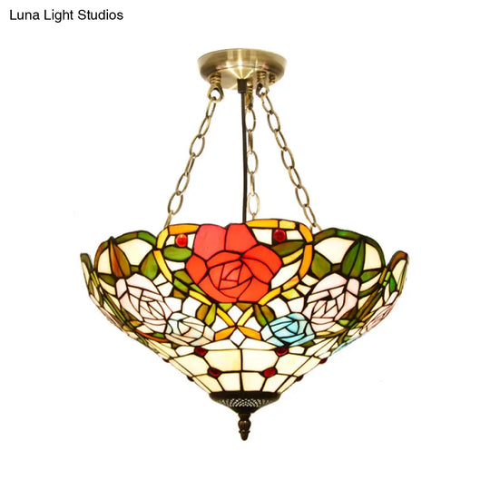 Mediterranean Brass Ceiling Lamp: Dome White/Red/Blue Stained Glass Semi Flush Mount 3 Lights -