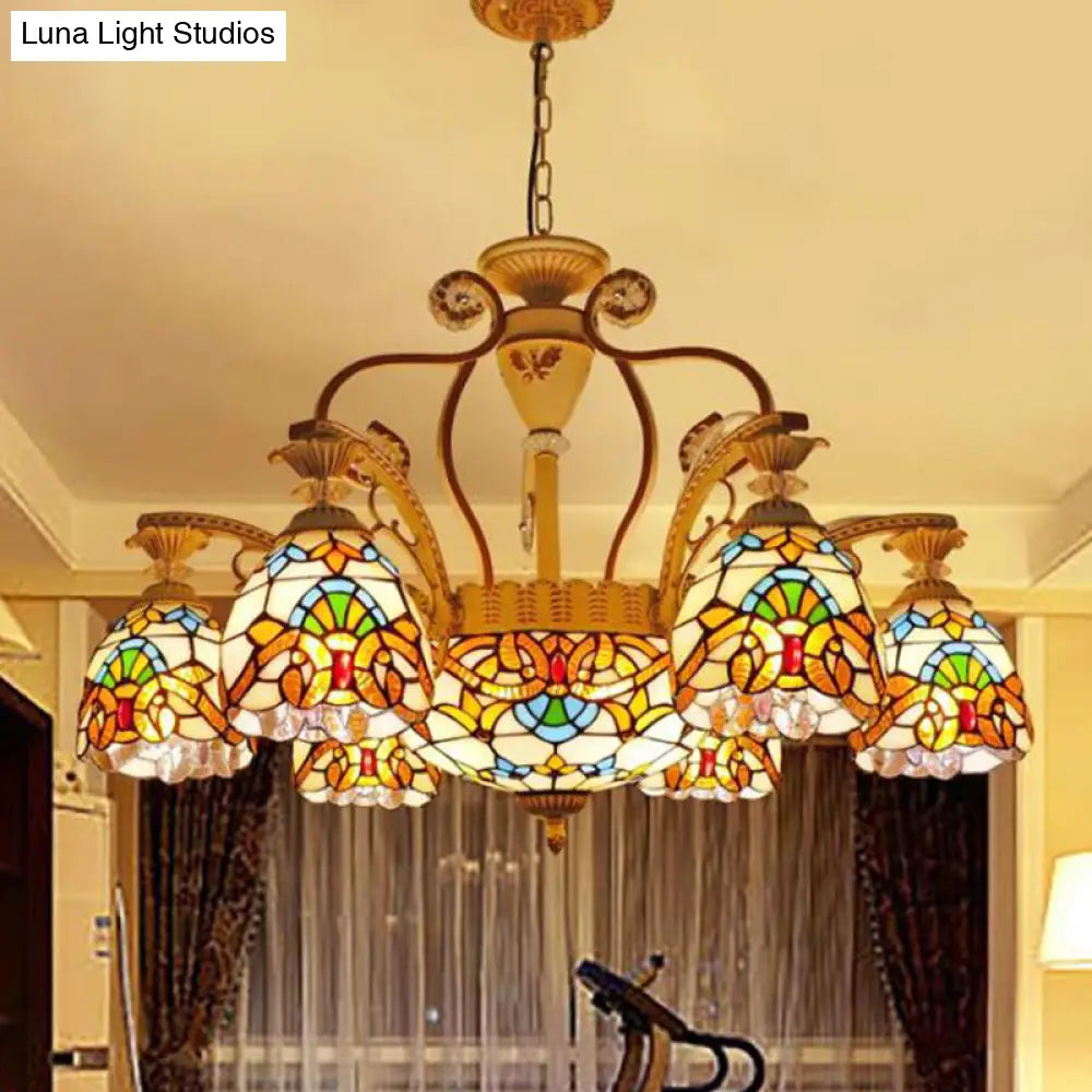 Mediterranean Brown Pendant Chandelier With Flower Stained Glass Shade - 8/11 Lights For Living