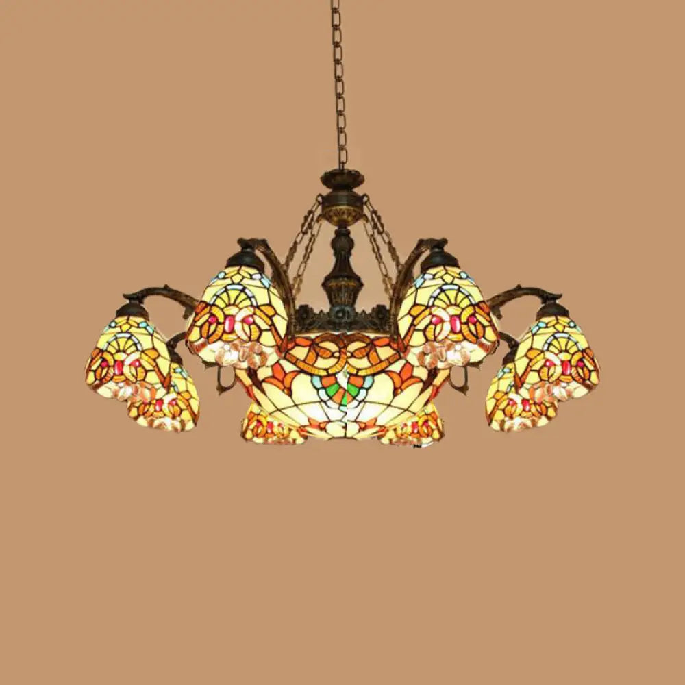 Mediterranean Brown Pendant Chandelier With Flower Stained Glass Shade - 8/11 Lights For Living