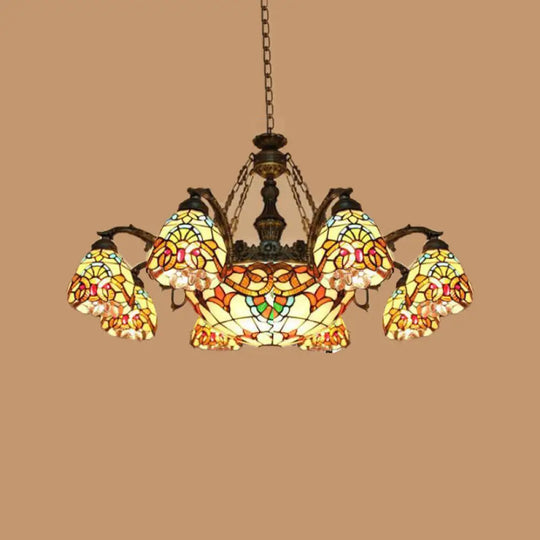 Mediterranean Brown Pendant Chandelier With Flower Stained Glass Shade - 8/11 Lights For Living