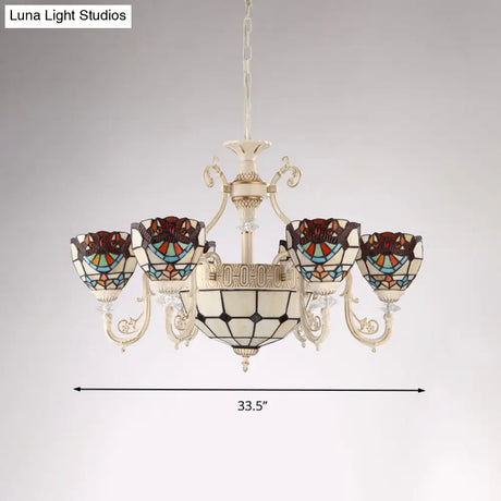 Mediterranean Cream 6-Light Ceiling Chandelier With Stained Glass Shade For Living Room