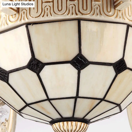 Mediterranean Cream 6-Light Ceiling Chandelier With Stained Glass Shade For Living Room