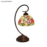 Mediterranean Cut Glass Domed Night Table Lamp - Dark Coffee Dragonfly And Flower Patterned Desk