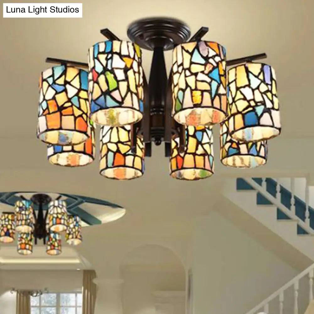 Mediterranean Cylinder Glass Ceiling Mount - Semi Flush Light (6/8 Lights) In Black For Living Room