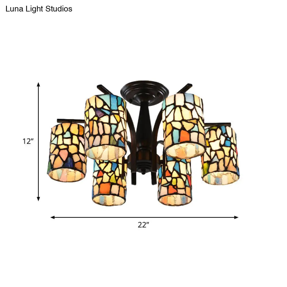Mediterranean Cylinder Glass Ceiling Mount - Semi Flush Light (6/8 Lights) In Black For Living Room