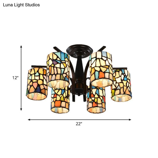 Mediterranean Cylinder Glass Ceiling Mount - Semi Flush Light (6/8 Lights) In Black For Living Room