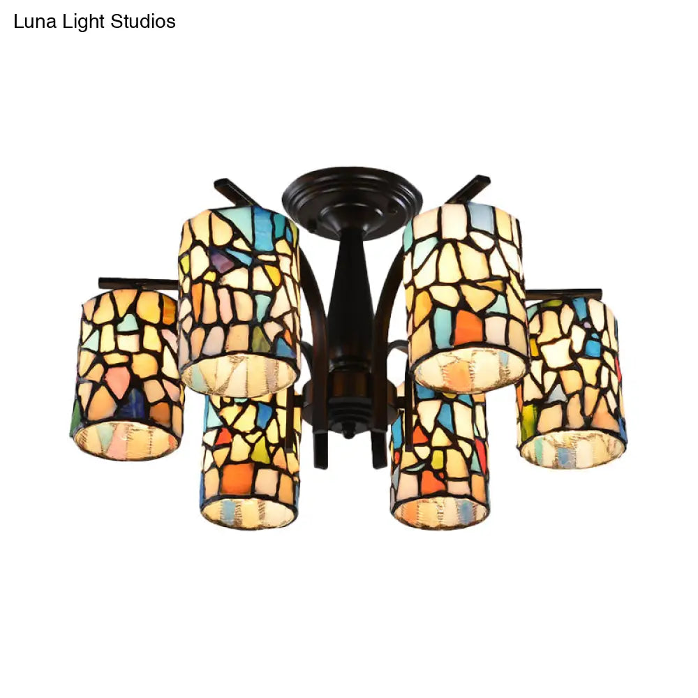 Mediterranean Cylinder Glass Ceiling Mount - Semi Flush Light (6/8 Lights) In Black For Living Room