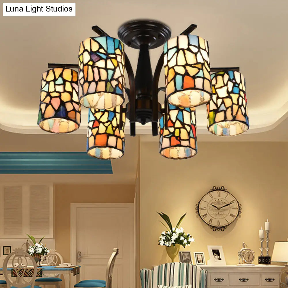 Mediterranean Cylinder Glass Ceiling Mount - Semi Flush Light (6/8 Lights) In Black For Living Room
