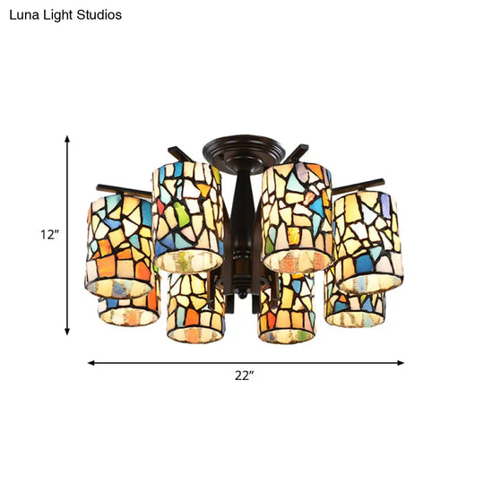Mediterranean Cylinder Glass Ceiling Mount - Semi Flush Light (6/8 Lights) In Black For Living Room