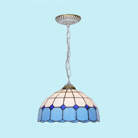 Mediterranean Dome Stained Art Glass Pendant Light In White/Blue/Bronze White