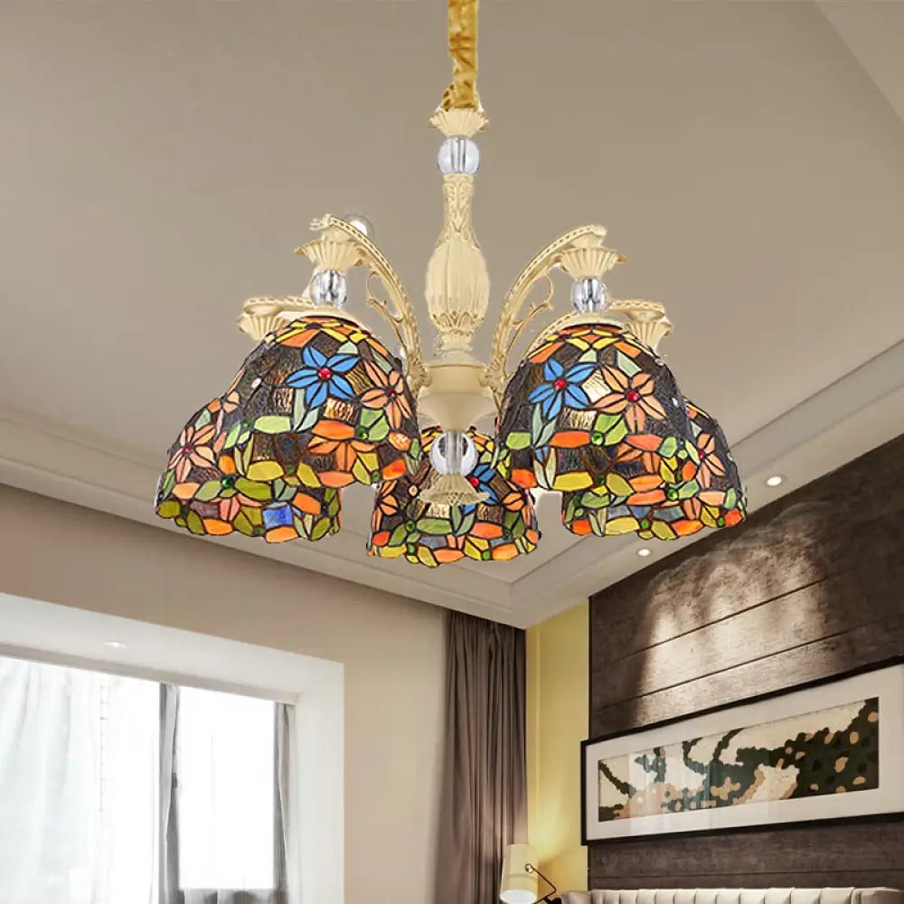 Mediterranean Floral Chandelier Lighting - 6/9/11 Lights Stained Glass Pendant Light Kit (Orange) 5 / Orange