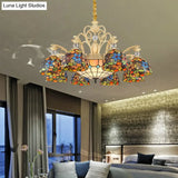Mediterranean Floral Chandelier Lighting - 6/9/11 Lights Stained Glass Pendant Light Kit (Orange)