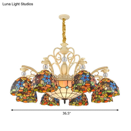 Mediterranean Floral Chandelier Lighting - 6/9/11 Lights Stained Glass Pendant Light Kit (Orange)