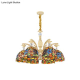 Mediterranean Floral Chandelier Lighting - 6/9/11 Lights Stained Glass Pendant Light Kit (Orange)
