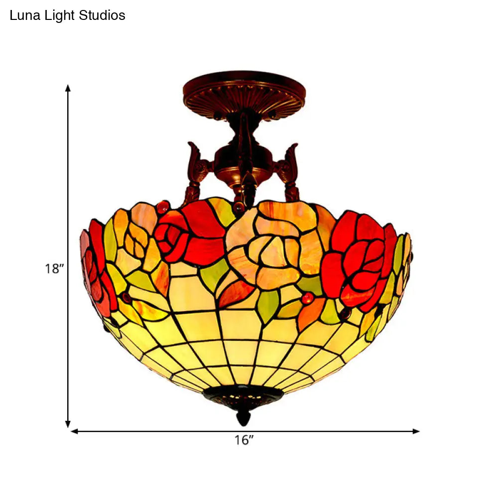 Mediterranean Flower Stained Glass Ceiling Light For Bedroom - 3-Light Semi Flush Mount In
