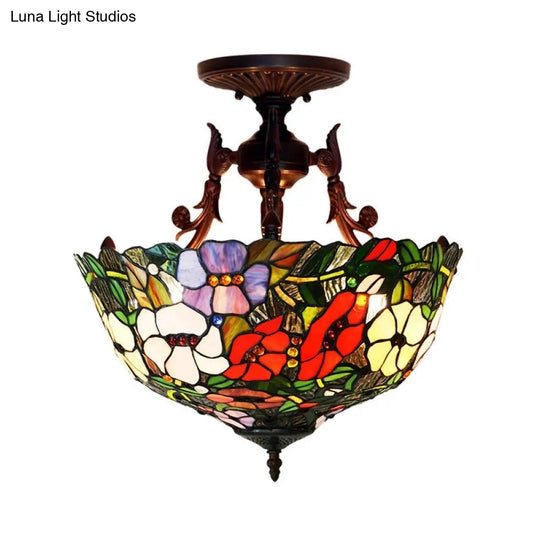 Mediteranean Flower Stained Glass Ceiling Light - 3-Light Semi Flush For Bedroom White