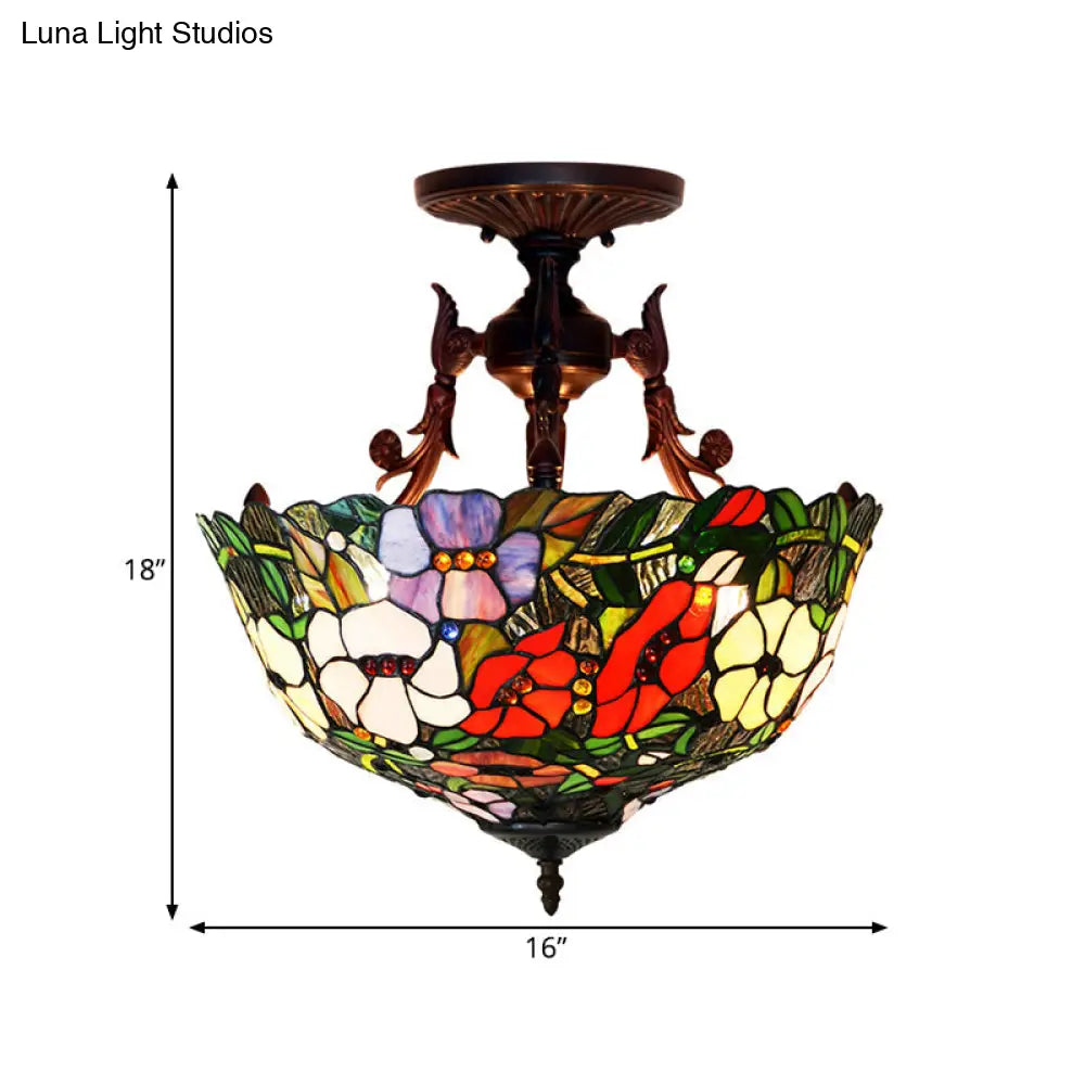 Mediterranean Flower Stained Glass Ceiling Light For Bedroom - 3-Light Semi Flush Mount In