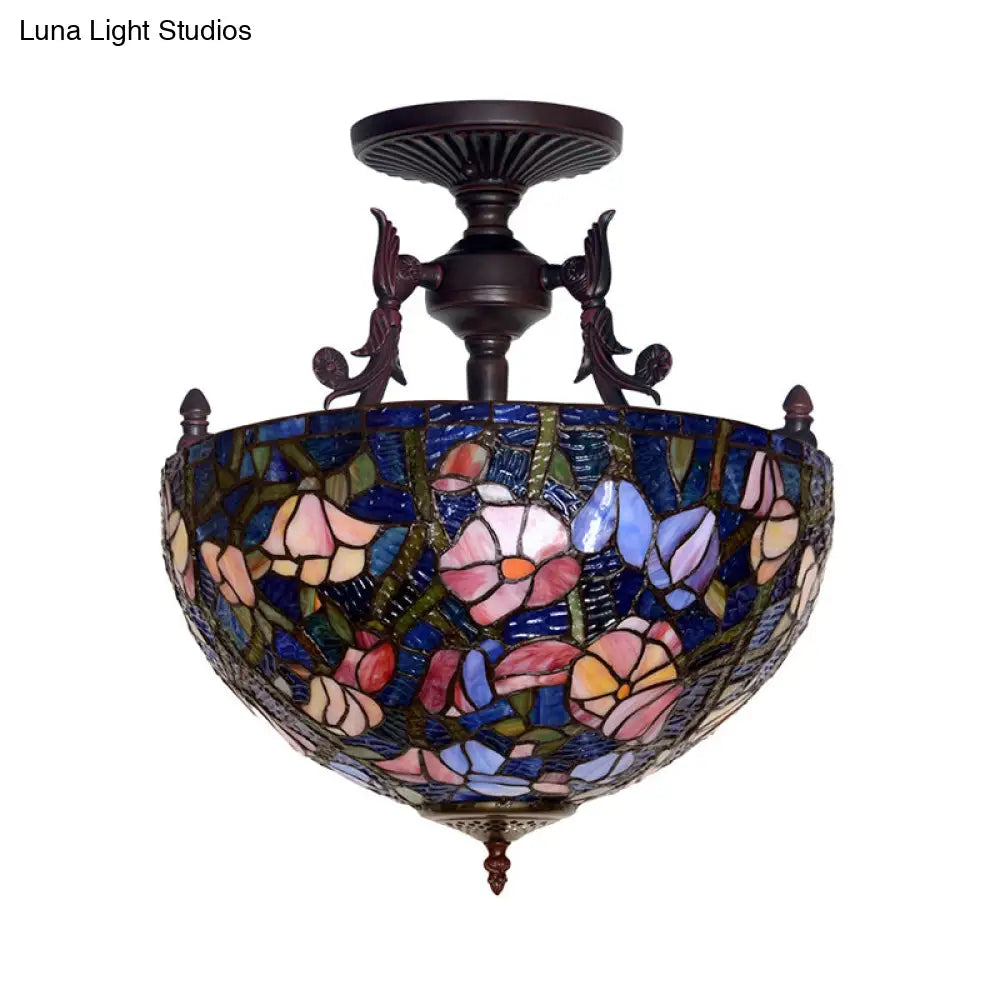 Mediterranean Flower Stained Glass Ceiling Light For Bedroom - 3-Light Semi Flush Mount In