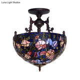 Mediterranean Flower Stained Glass Ceiling Light For Bedroom - 3-Light Semi Flush Mount In