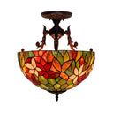 Mediterranean Flower Stained Glass Ceiling Light For Bedroom - 3-Light Semi Flush Mount In