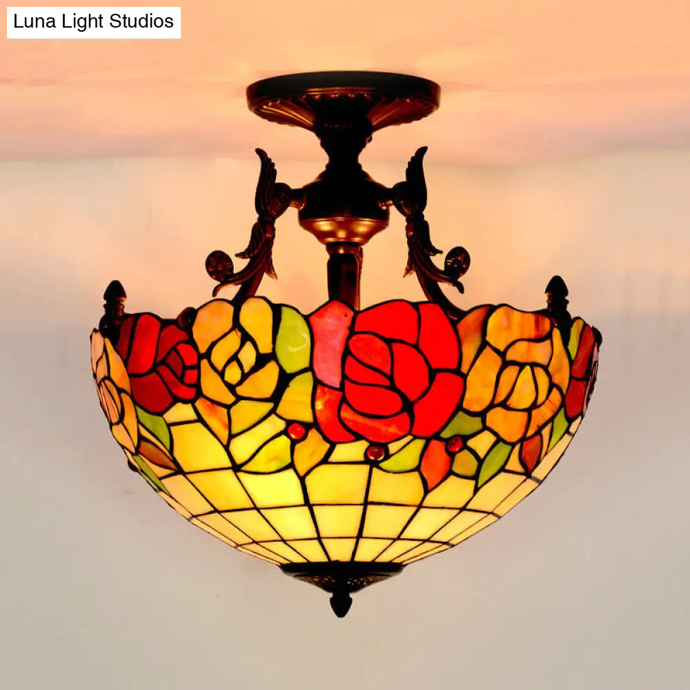 Mediterranean Flower Stained Glass Ceiling Light For Bedroom - 3-Light Semi Flush Mount In